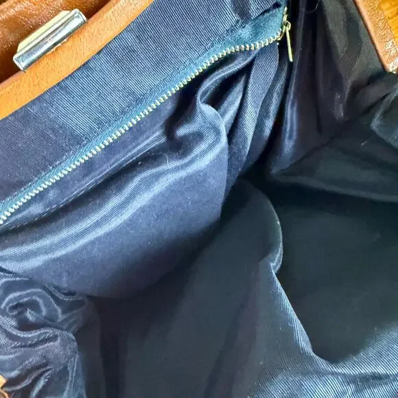 Vintage 60s 70s Tan Top Handle Handbag Structured Mod Purse Caramel Brown Frame - Picture 7 of 12